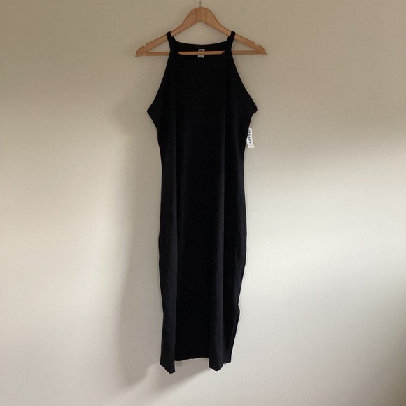 Old Navy Black High-Neck Halter Strap Side-Slit Midi Dress Sz XL Cotton Modal - Picture 1 of 13